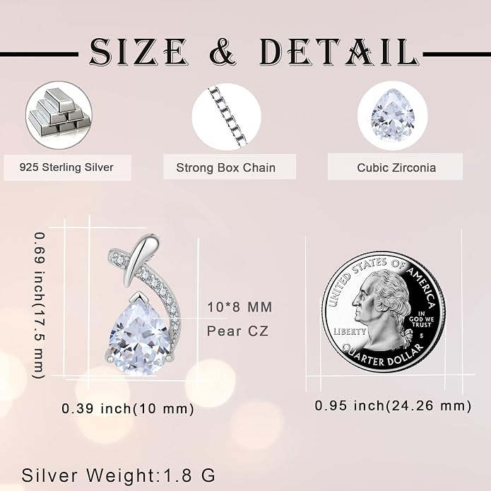 Teardrop Birthstone Necklace for Women,925 Sterling Silver Pear Cut Zircon Gemstone Pendant Necklace for Birthday Engagement Anniversary Wedding Jewelry