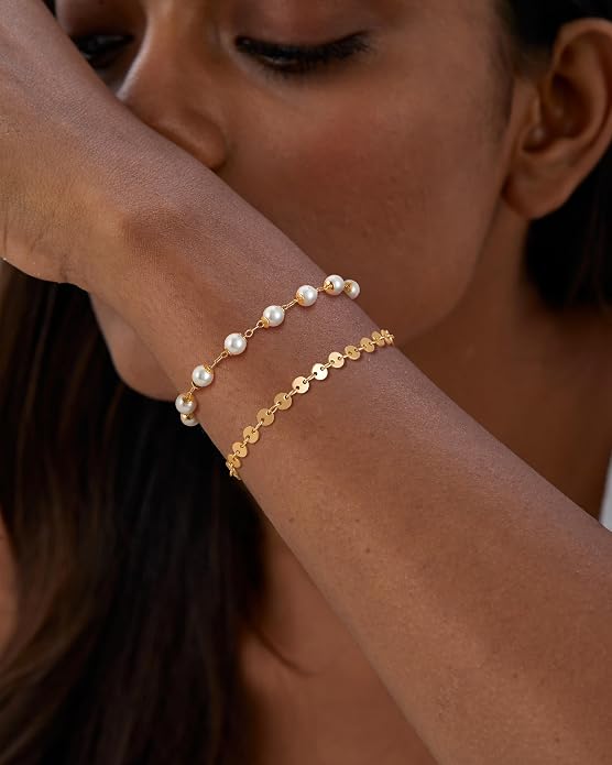 Dremmy Studios Gold Bracelet for Women 18K Gold Plated Dainty Paperclip Cubic Zirconia Disc Coin Star Cable Satellite Bead Pearl Simple Boho Minimalist Stacking Layered Link Jewelry Gift