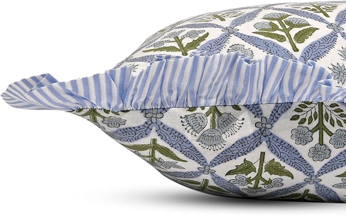 Ridhi Block Print Light Steel Blue Throw Pillow Cover 24" x 24" (Pack of 2) Decorative Cushion Covers with Ruffle for Couch, Sofa, Bed, Living Room, Home Decor Gift for Spring, Easter, Valentine