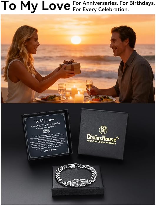 ChainsHouse Square Love Knot Bracelets for Men Braided Leather Stainless Steel Infinity Bracelets with Love Message Card Aniversary Birthday Gift for Men/Love/Husband/Dad