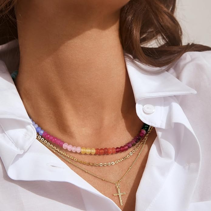 KELORIS PATH Beaded Necklace for Women, Colorful Gemstone Boho Bead Choker for Beach, Trendy Summer Natural Stone Jewelry Gifts