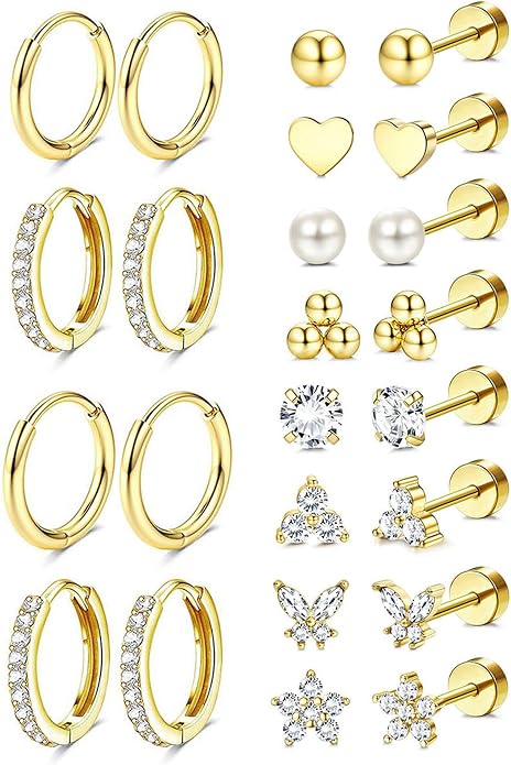 Jstyle Hypoallergenic 14K Gold Plated Stud Hoop Earrings for Women Men Surgical Stainless Steel Flat Back Earrings Small Huggie Hoops Cartilage Earring Set for Multiple Piercing Jewelry Gift for Women