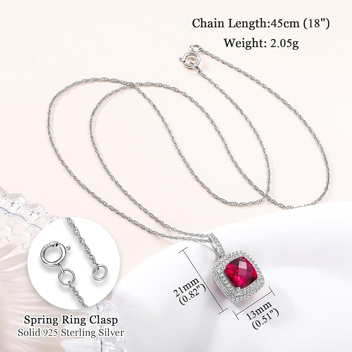 Birthstone Necklace for Women 925 Sterling Silver Cushion/Pear Cut Created Gemstone Halo Pendant Necklace Birthstone Jewelry
