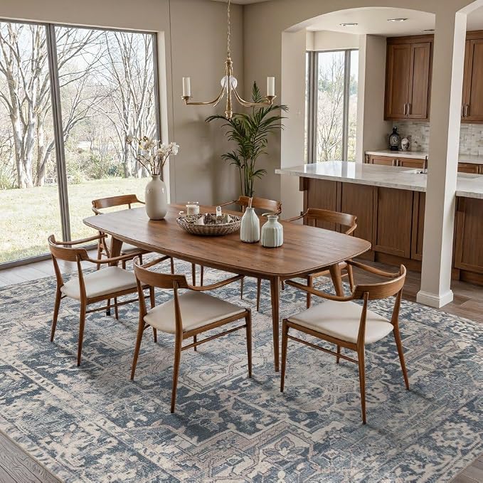 Rugxara Blue 8x10 Area Rugs for Living Room Bedroom Large Washable Rug | Non Slip, Rug for Dining Room Office Kids Room, Stain Resistant, Soft, Low Pile, Vintage Boho Retro Carpet,Home Decor