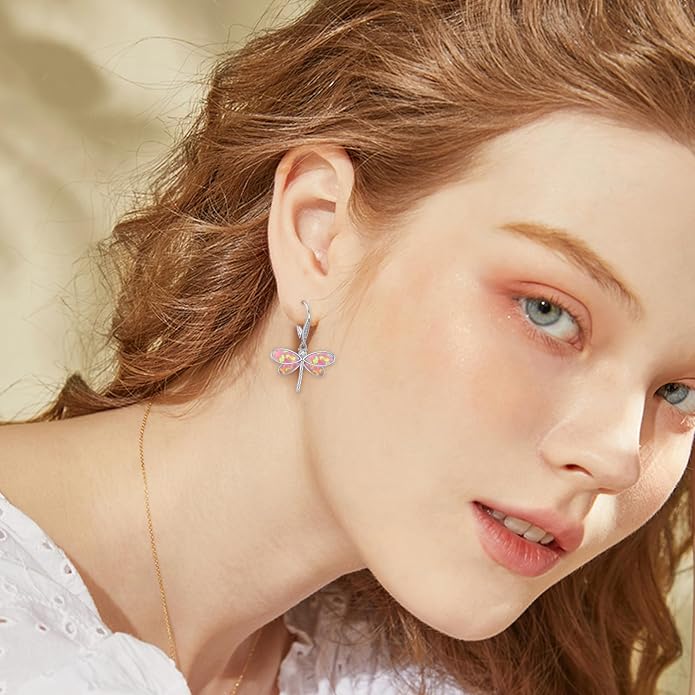 CUOKA MIRACLE Dragonfly Earrings 925 Sterling Silver Hoop Dragonfly Earrings Dangle Drop Opal Earring Dragonflies Jewelry Gifts for Women Wife