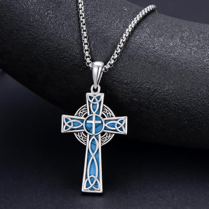 HPQQ Cross Necklace 925 Sterling Silver Turquoise Tree of Life Celtic Knot Cross Pendant Jewelry Mother's Day Gifts for Women