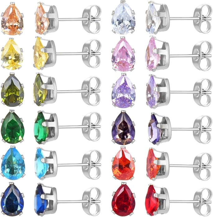 12 Pairs Surgical Stainless Steel Stud Earring Round Heart Star Square Cubic Zirconia Birthstone Stud Earrings Set for Women