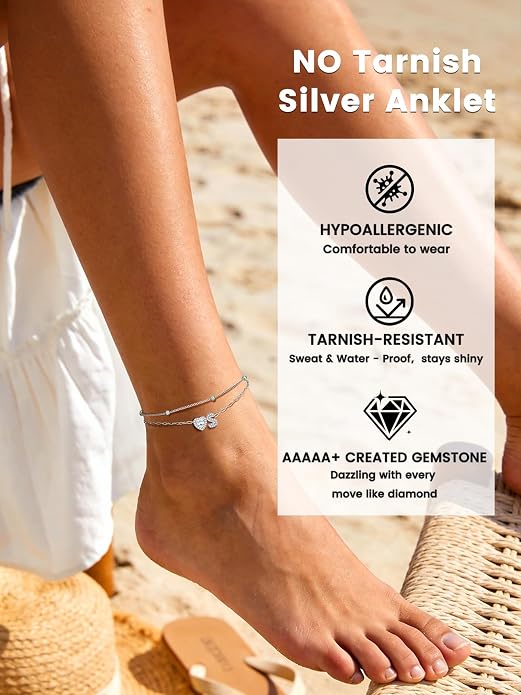 Bestyle Initial Anklet Bracelets for Women Waterproof Non Tarnish 14K Gold/White Gold Plated CZ Anklets for Women Dainty Layered Letter Heart Ankle Bracelets Adjustable Foot Chain Anklet