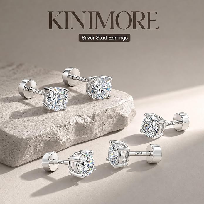 3 Pairs Moissanite Earrings, Flat Back Stud Earrings for Women Men, D Color VVS1 Hypoallergenic 925 Sterling Silver Post, Cartilage Helix Piercing Jewelry Set