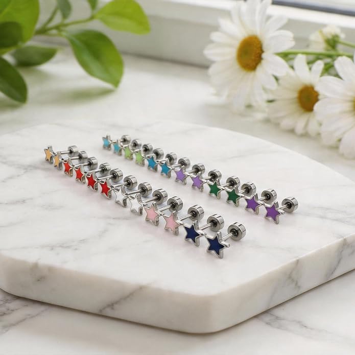 JMLOON 12 Pairs Enamel Flat Back Stud Earrings Surgical Stainless Steel Round Heart Star Square Hexagon Screw Back Stud Earrings