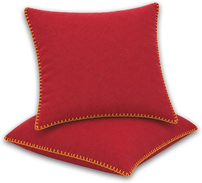 LFH Home Red Cotton Rich Throw Pillow Covers 18x18 Set of 2, Decorative Cushion Covers with Blanket Stitch Edge, Farmhouse Accent Pillow Cases for Sofa Couch Bed Living Room, 18 x 18 Inch