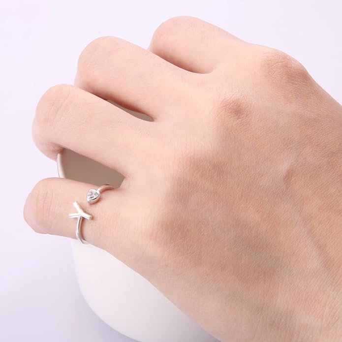 VIKI LYNN 925 Sterling Silver Rings Size 4.5 Adjustable Initial Letter Ring with Cubic Zirconia-Personalized Gifts for Women