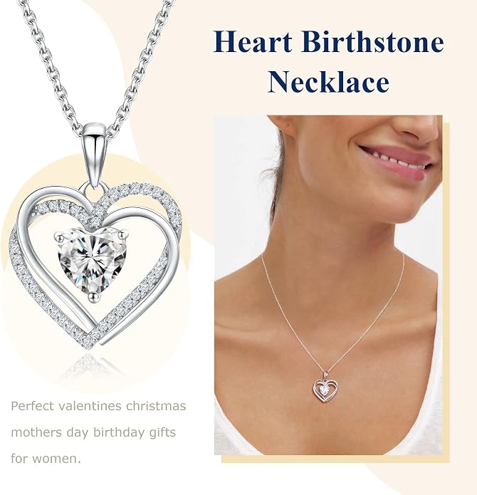Anniversary Charm Necklace, Sterling Silver 14K Gold Plated Chain with Interlocking Heart Pendant Elegant Birthstone Necklaces for Women, Length 18"
