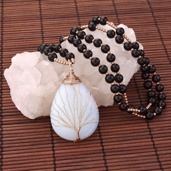 Top Plaza Healing Crystal Amethyst Necklace Natural Stone Beads Life Tree Wire Wrapped Teardrop Gemstone Pendant Jewelry for Women Mom
