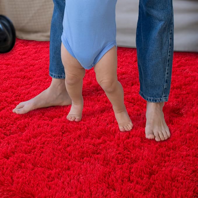 Dssimo Red Fluffy Rugs for Living Room Bedroom, 8x10 Shaggy Area Rug | Large Upgrade Non-Slip Burgundy Rug for Kids,Girls Boys and Teens Deco Christmas Aesthetic for Dorm Nursery Classroom