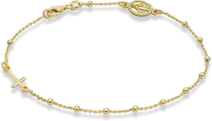 Miabella Italian 925 Sterling Silver or 18K Gold Plated Rosary Cross Bead Chain Anklet for Women, Made in Italy