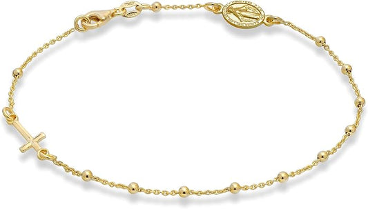 Miabella Italian 925 Sterling Silver or 18K Gold Plated Rosary Cross Bead Chain Anklet for Women, Made in Italy