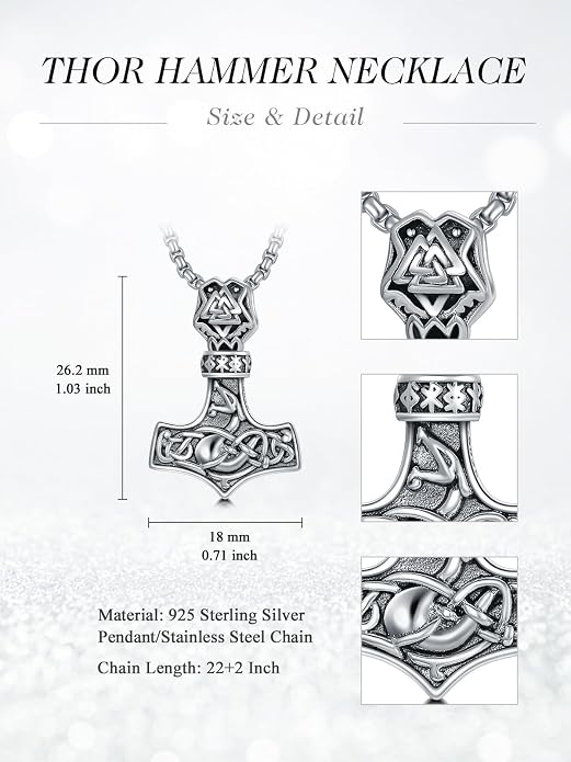 Viking Necklace for Men 925 Sterling Silver Viking Wolf/Thors Hammer/Vegvisir/Tree of Life/Compass Pendant Norse Necklace Amulet Talisman Christmas Gifts for Him Her