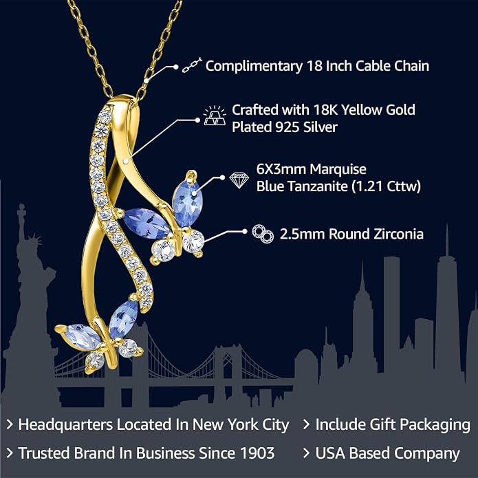 Gem Stone King 1.21 Cttw Blue Tanzanite Necklace | Butterfly Infinity Pendant Necklace for Women | 925 Sterling Silver | December Gemstone Birthstone | With 18 Inch Silver Chain