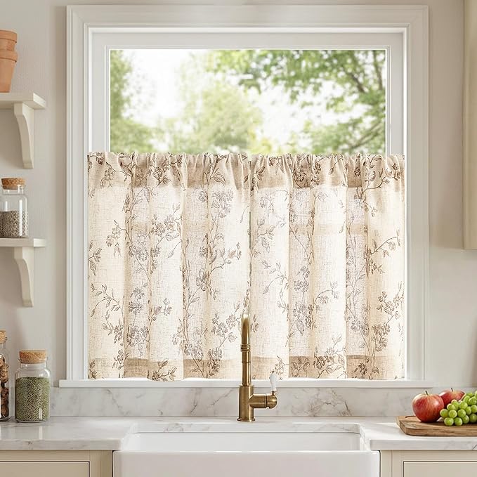 Lazzzy Elisa Floral Kitchen Curtains 24 Inch Linen Cafe Curtains Farmhouse Half Window Drapes Over Sink Light Filtering for Small Windows Rod Pocket Back Tab 2 Panels Taupe on Beige