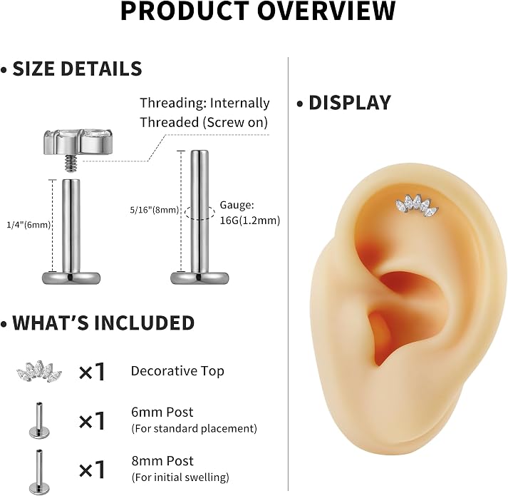 FINE4U 1PC ASTM F136 Titanium 16G Flatback Stud for Tragus, Helix, Conch 6mm 8mm - Screw on Cartilage Earring Piercing Jewelry