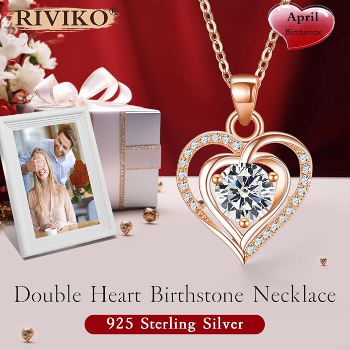 RIVIKO Heart Birthstone Pendant Necklace for Women 925 Sterling Silver Zirconia Necklaces Valentine's Day Anniversary Birthday Mothers Day Jewelry Gifts For Her Mother Wife