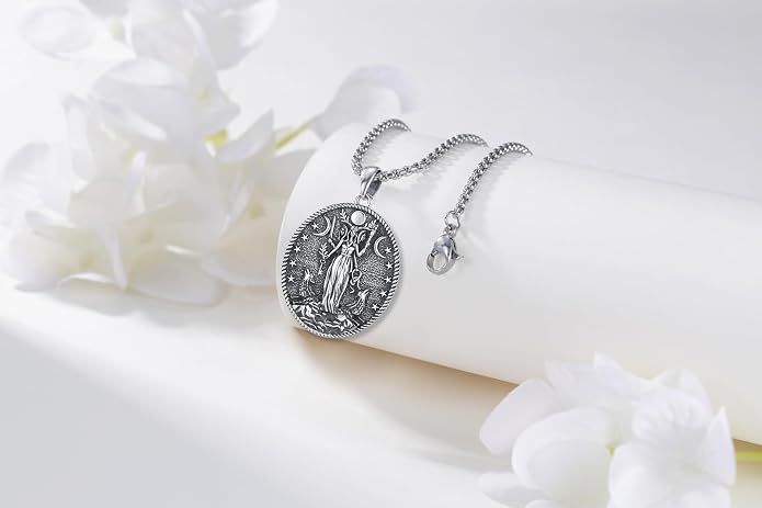 Hecate Wiccan Triple Moon Goddess Necklace Tetragrammaton Nudo De Bruja Plata 925 Original Sterling Silver Cat Moon Pendant Hekate Witch Necklace Amulet Witchy Jewelry Gifts for Women Men