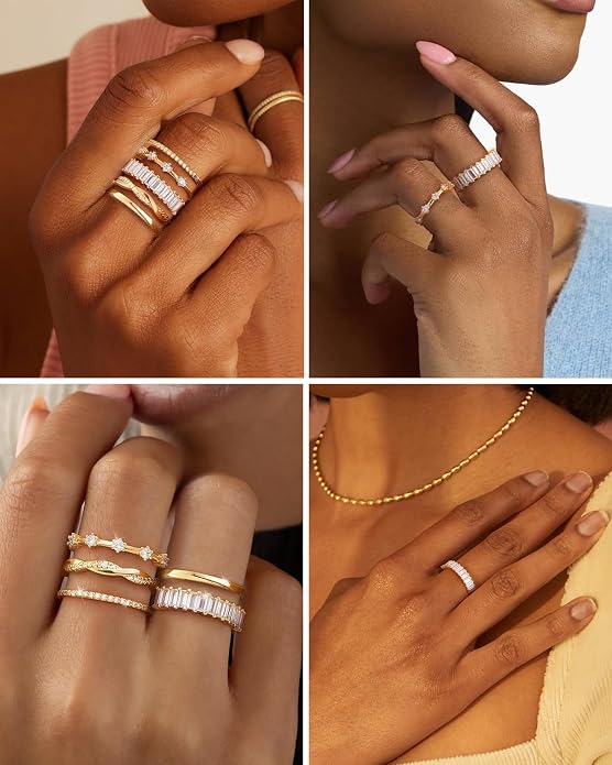 Stackable Silver/Gold Rings for Women Non Tarnish Trendy Dainty 14K Gold Plated Stacking Cubic Zirconia Thumb Ring Set Minimalist Promise Wedding Bands Engagement Rings for Women Size 6-10