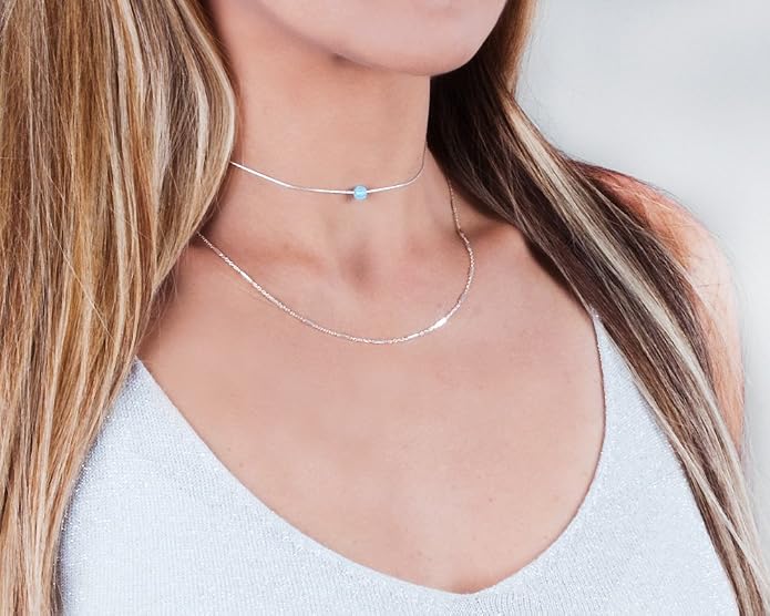 Opal Bead Choker Necklace – Rose and Gold Filled or Sterling Silver, Blue or White Opal Ball, Dainty Minimalist Jewelry 13.5"-16.5"
