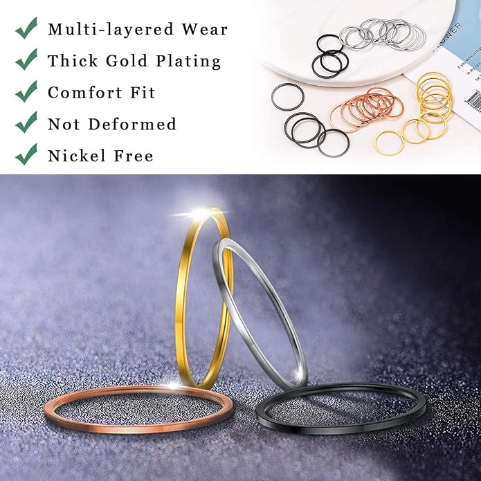 FOCALOOK 28 PCS Knuckle Ring Set 1MM Stainless Steel Women's Thin Plain Band Stacking Midi Finger Rings Set Comfort Fit Silver/Black/Gold/Rose Tone Size 4-10