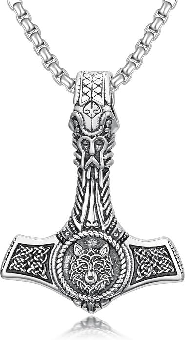 PROESS Thors Hammer Necklace Sterling Silver Celtic Knot Wolf/Lion/Raven Necklace Viking Mjolnir Pendant Jewelry for Men