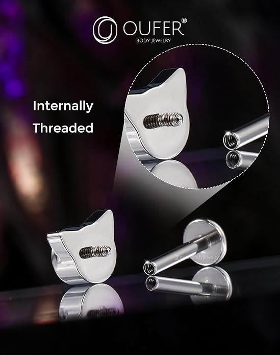 OUFER Cute Kitten Helix Piercing, Silver 16G Helix Earrings Flat Back Internally Threaded Helix Cartilage Piercing Jewelry for Women Men-8MM-6MM
