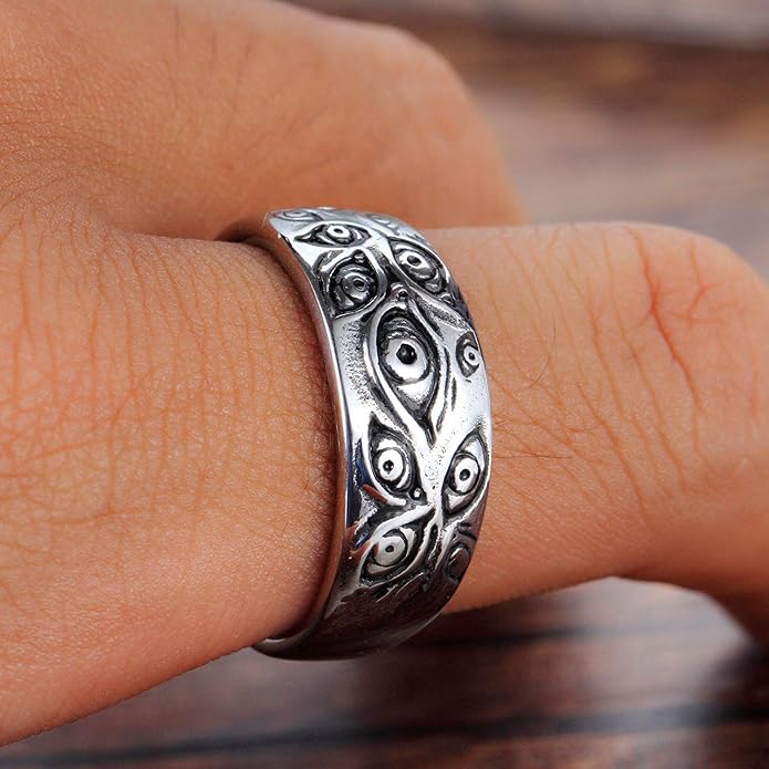 Men's Stainless Steel Eye of God Ring Band All Seeing Eye Spinner Rings Black Silver Vintage Jewelry Size 5 to 14