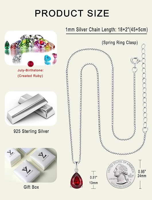 YL Teardrop Necklace 925 Sterling Silver Solitaire Pendant 9x12 MM Pear Cut Multicolored Birthstone Jewelry for Women