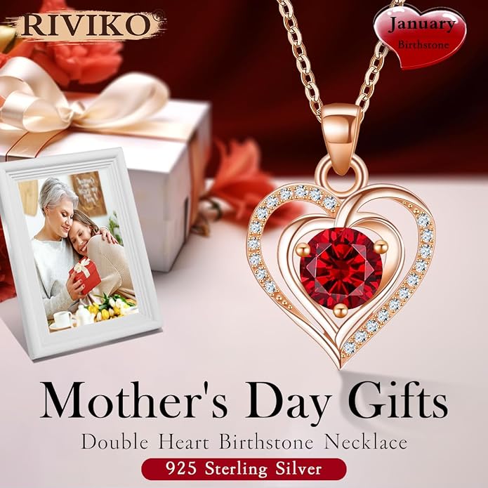 RIVIKO Heart Birthstone Pendant Necklace for Women 925 Sterling Silver Zirconia Necklaces Valentine's Day Anniversary Birthday Mothers Day Jewelry Gifts For Her Mother Wife