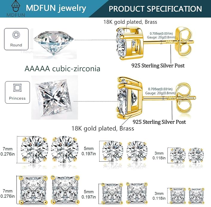 MDFUN 6 Pairs Stud Earrings Set 3mm/5mm/7mm Princess & Round Cubic Zirconia Earrings Hypoallergenic 316L Surgical Stainless Steel CZ Earrings for Women Men