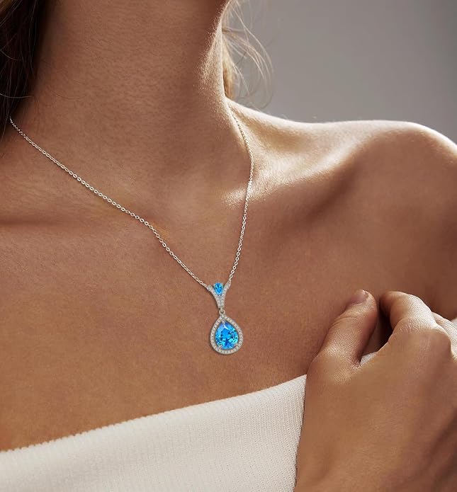Birthstone Necklace 925 Sterling Silver Tear Drop 5A Cubic Zirconia Pendant Necklace Jewelry Birthday Gifts for Women