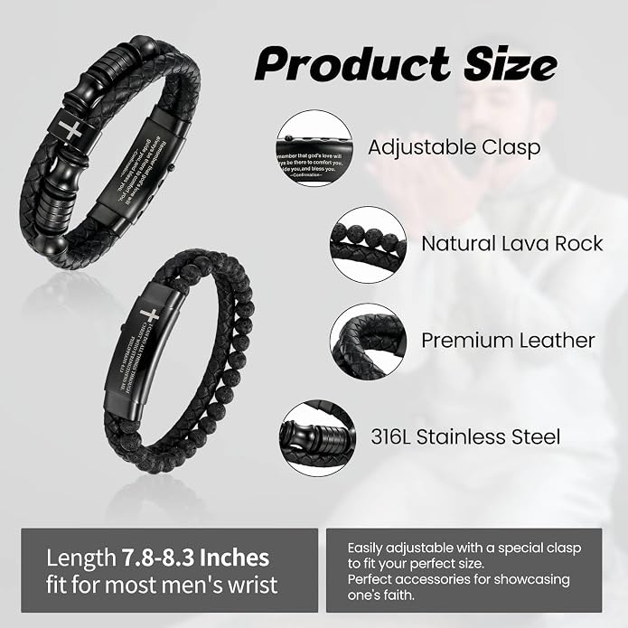 2 Pack Men's Inspirational Cross Bracelets, Double-Row Braided Leather Faith Bracelets, Stainless Steel Adjustable Cuff Bangle Bracelet Encouragement Motivational Gift for Men Teenage, Black