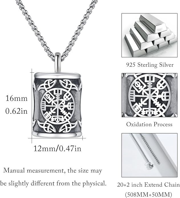 Viking Necklace 925 Sterling Silver Celtic Nordic Runes Amulet Necklace Viking Jewelry for Men Women