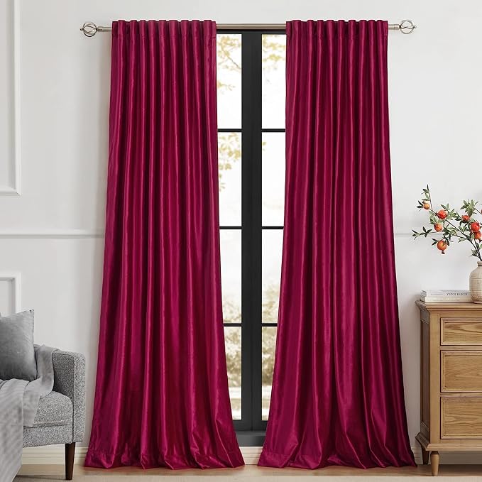 PRIMROSE Red Curtains 72 inch for Living Room Velvet Drapes Blackout Rod Pocket Back Tab Window Treatment Semi Room Darkening Decor Curtains for Bedroom Set of 2 Panels