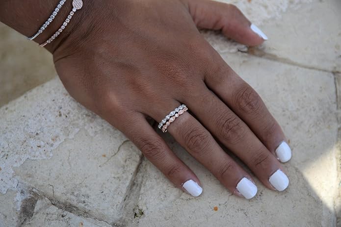 espere Milgrain Marquise & Round Cubic Zirconia Half Eternity Ring Stacking Infinity Wedding Band Sterling Silver 925 Size 3.5-10.5 3 Colors Available Half