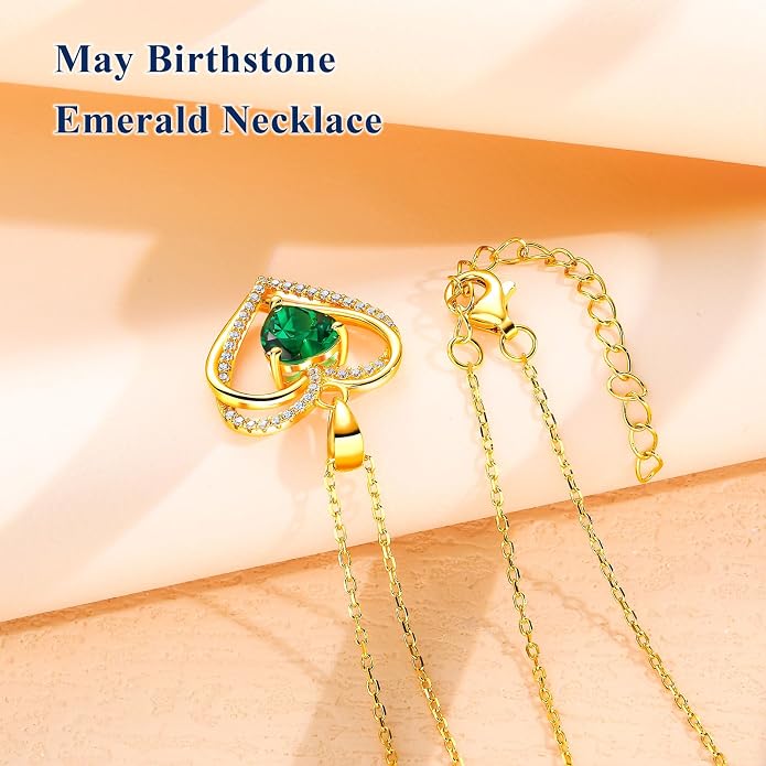Anniversary Charm Necklace, Sterling Silver 14K Gold Plated Chain with Interlocking Heart Pendant Elegant Birthstone Necklaces for Women, Length 18"