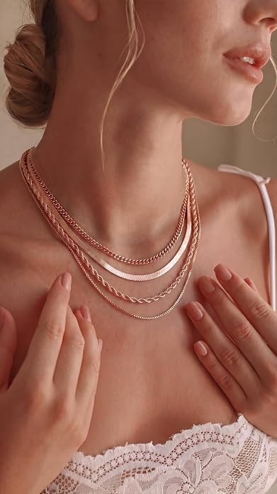 Tewiky Layered Necklaces for Women Non Tarnish- Chunky 14k Gold Plated Herringbone/Snake/Rope/Box/Cuban Link Chain for Women Waterproof Layering Stack Choker Necklace Trendy Dainty Tarnish Free Jewelry Set