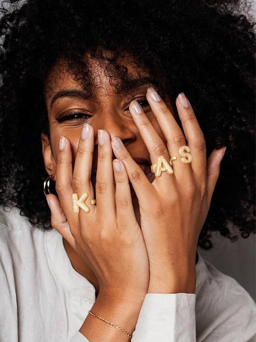 FindChic Initial Ring for Women, Gold Plated Chunky Letter Rings Open Adjustable Trendy Sparkling Cubic Zirconia Personalized Statement Rings Jewelry Gift