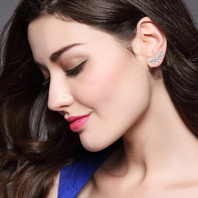 EVER FAITH Marquise Leaf Ear Cuff Wire Wrap Sweep Pins Climber Earrings 925 Sterling Silver Clear Cubic Zirconia