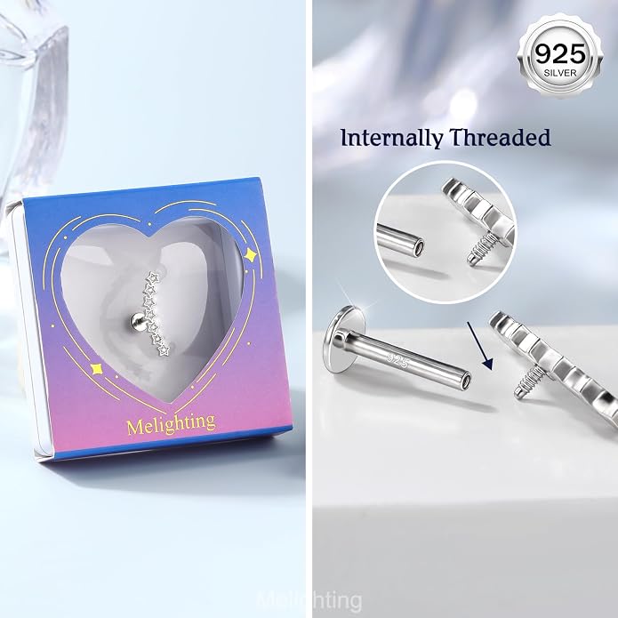 Melighting 925 Sterling Sliver Star Cartilage Earring Internally Threaded Flat Back Earring 16G 8 mm Curved Helix Piercing Jewelry Helix Stud for Women