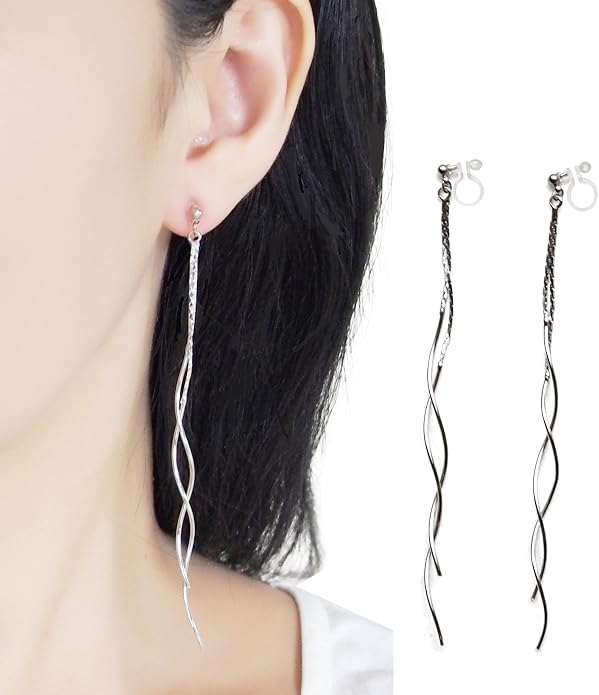 Comfortable Stick Invisible Clip On Earrings Gold Dangle Long Waved Threader Bar Clip-On Non Pierced Earrings Silver For Women,…