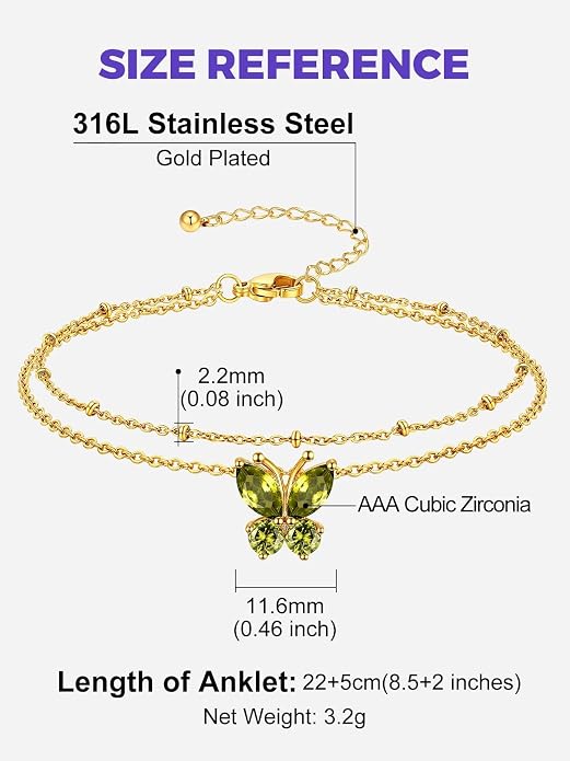 Richsteel Double Layer Heart/Butterfly Birthstone Anklet for Women Non Tarnish Waterproof, Silver/Gold/Black Stainless Steel 8.5-10.5 Inch Adjustable Chain Anklets Jewelry Gifts for Her