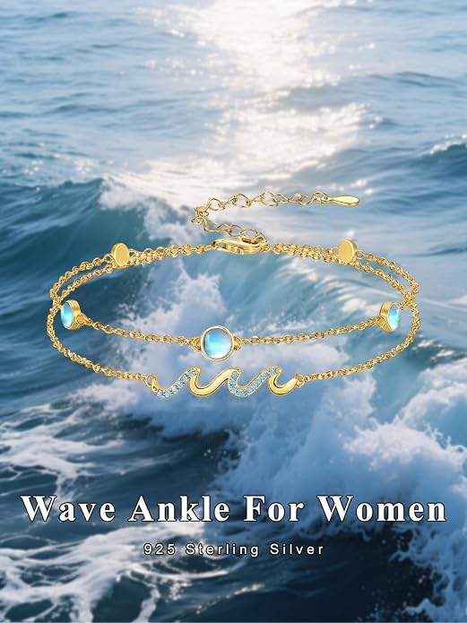 Wave/Dolphin Bracelet/Sea Turtles Anklet 925 Sterling Silver Adjustable Moonstone Bracelet/Anklet Summer Ocean Jewelry Gifts for Women