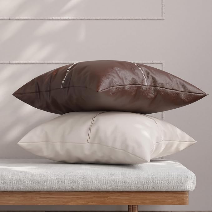 Encasa XO Faux Leather Throw Pillows Covers 20"x20" (Set of 2) | Chocolate Stitch Decorative Cushion Covers | Modern Farmhouse Pillow Cases for Outdoor, Living Room, Bedroom, Couch, Sofa